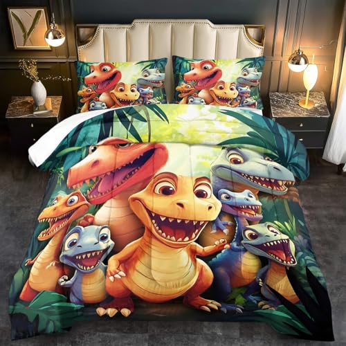 llyxsesty 3-piece Dinosaur Comforter Set Queen Boys,Cartoon 3D Dinosaur Bedding Set Queen Bed Kids,3D Dragon Comforter Dragon Quilt Pattern Bedroom Decor,Cute Animal Bedding Kawaii Animal Quilt Girls