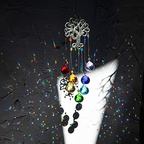 Regenbogen Sonnenfänger aus Kristall, Lebensbaum Anhänger aus Metall, hängendes Kugelprisma aus klarem Glas – Bild 3