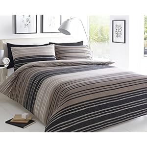 Sleepdown Dekbedovertrek Set – Bruin – Gestructureerde Streep – Omkeerbare Quilt Cover Easy Care Beddengoed Zachte Cosy…
