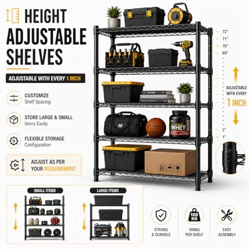 STORACK 5 Shelf Multipurpose Storage Rack 75x35x155 CM Black - Image 5