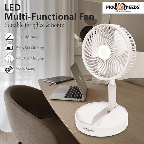Image of Pick Ur Needs Rechargeable Foldable Small Standing Electric Mini Fan With 3 Mode & LED Light For Home, Bedroom, Office (White)