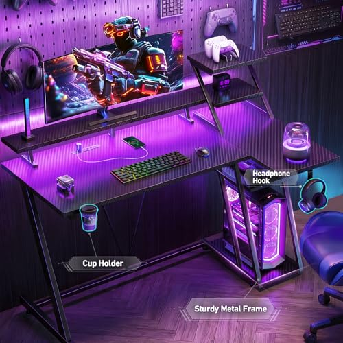 Image of Korfile 55 Inch Black Gaming Desk with LED Lights & Power Outlet, Gaming Computer Desk with Storage Shelves, L Shaped Gamer Workstations with Monitor Stand for Bedroom