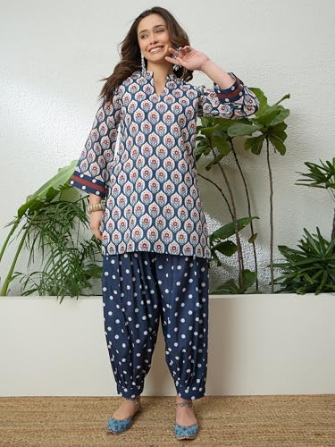 Image of EthnicJunction Women's Linen Floral Print Summer Wear Straight Short Kurti with Afghani Pant Set | Co Ord Set for Women Stylish | Fusion wear Women