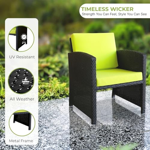 Image of DEVOKO Valencia Outdoor 5 Piece All Weather Rattan Wicker Patio Sofa Set with Water Resistant Cushioned Chairs with Glass Top Table & Ottomans for Garden, Pool, Porch, Backyard (Black & Light Green)
