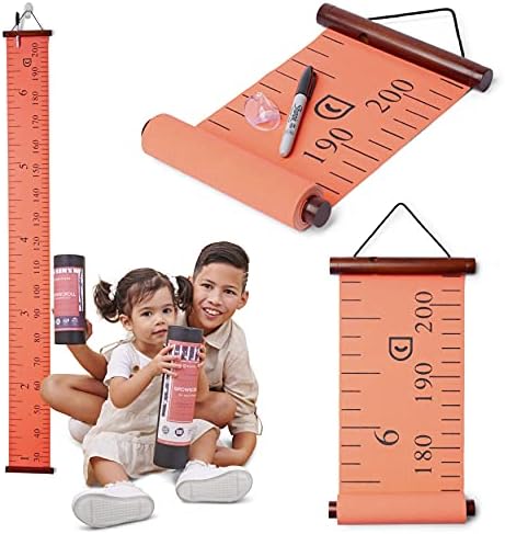 Growscroll Modern Kids Growth Chart for Wall - Unique Height Chart for Boys & Girls - Handcrafted Using Canvas & Hard Types of Wood - Makes A Great Collectible Or Family Heirloom - Coral