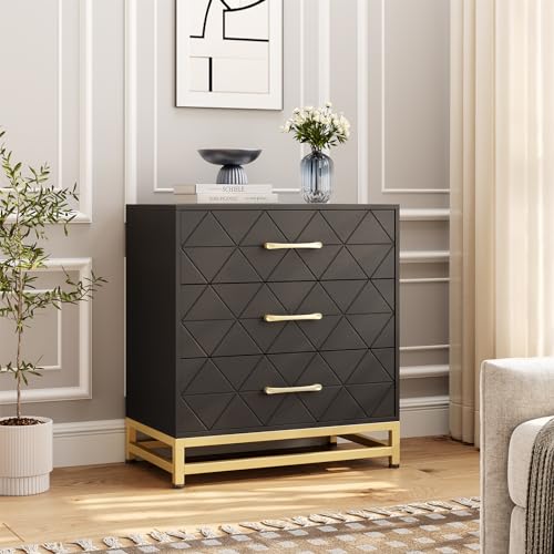 GarveeHome Wooden Dresser for Bedroom, Dressers & Chest of Drawers with 3 Drawer, Wood nightstand for Storage and Organization (Black)