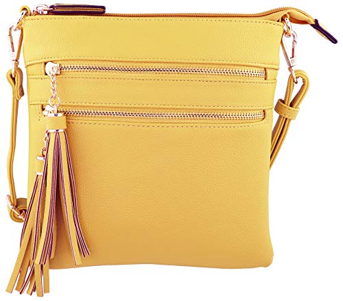 Vegan Mini Multi-Zipper Crossbody Handbag Purse with Tassel Accents with RFID Protection (Yellow RF)