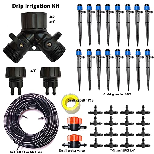 Drip Irrigation Kit 65.5Ft 1/4 Tubing And 16 Gushing Springs Garden Watering System For Potted Plants Yard Lawn Black #TOP1