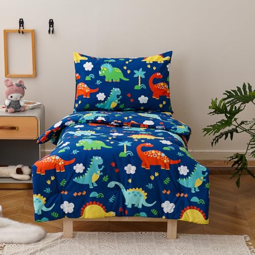 Image of Luxlovery Toddler Comforter Set Dinosaur Printed Boys Kids Boho Bedding Set Bed Set for Dorm 4 Pieces (1 Comforter, 1 Flat Sheet, 1 Fitted Sheet, 1 Pillowcase)