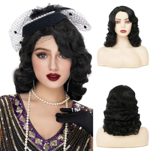 Amnenl Black Curly Finger Wave Wigs for Women Long 1920s Wig Vintage Wigs Lady Synthetic Cosplay Costume Wig