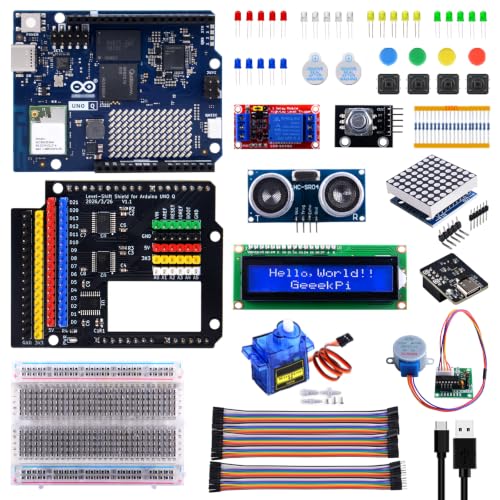 GeeekPi 5V GPIO スターターキット Arduino UNO Q対応 - 4GB RAMボード/レベルシフトシールド / LCD1602 / 各種センサー/サーボモーター/電子部品付属 電子工作プロトタイピングキット