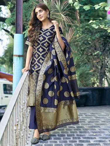 Sanisa Women's Art Silk Jacquard Straight Kurta With Pant And Dupatta Set| Ethnic Set | Suit Set | Kurta Set(134Kbd1445N-M_Navy Blue & Golden)