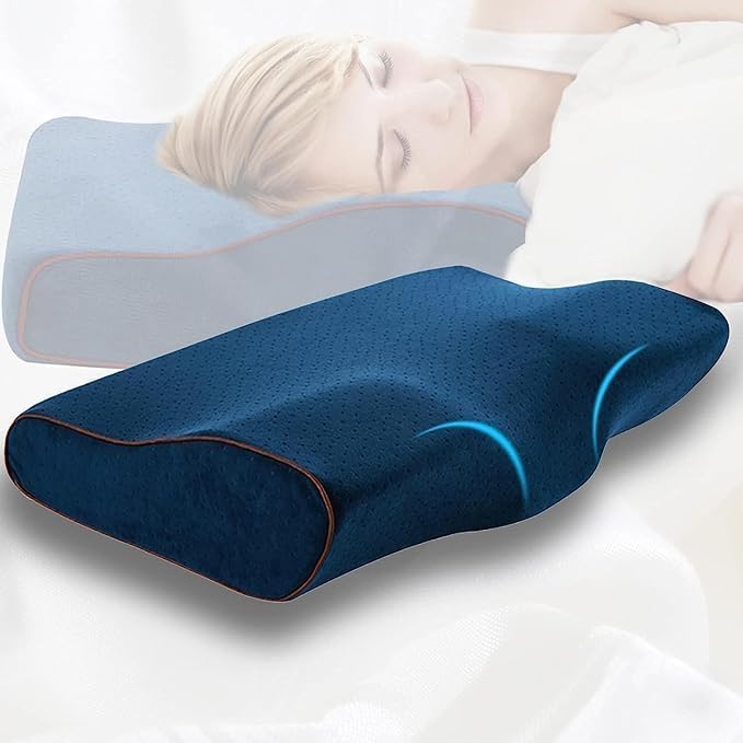 Image of Cervical Contour Memory Foam Pillow for Sleeping,Orthopedic Pillow for Neck Pain, Support for Back,Stomach,Side Sleepers, with Breathable Zip Cover (19X12X4INCH) (White) (Velvet Navy)