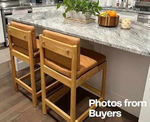 EALSON Counter Height Bar Stools Set of 2 Farmhouse Barstoos with Back Mid Century Modern Counter Stools with Natural Wood Legs Upholstered Leather Bar Charis for Kitchen Island/Pub, Brown - Thumbnail 6