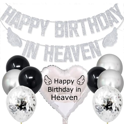 Bannière Happy Birthday in Heaven paillettes argentées avec ballons commémoratifs