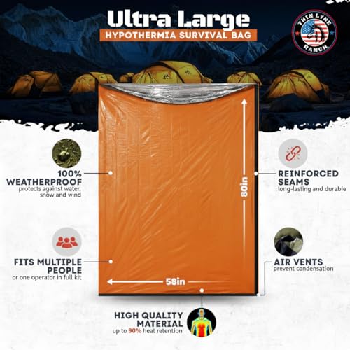 ThinLyneRanch Ultra-Large Waterproof Emergency Sleeping Bag for Survival - Hypothermia Prevention & Shelter - Multi-Person Bivvy Sack - Ideal Survival Gear, Emergency Bivy Camping Essentials (Orange)