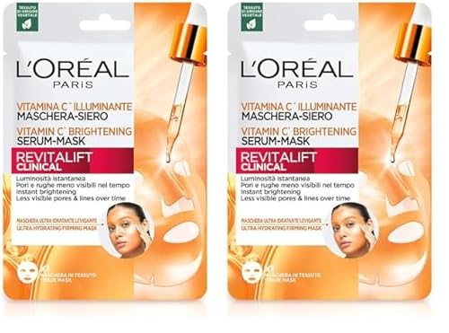 L'Oréal Paris Maschera-Siero Idratante in Tessuto, Con Vitamina C, Effetto Illuminante, Per Pelle Più Luminosa e Pori Meno Visibili, Revitalift Clinical, 26 g (Confezione da 2)