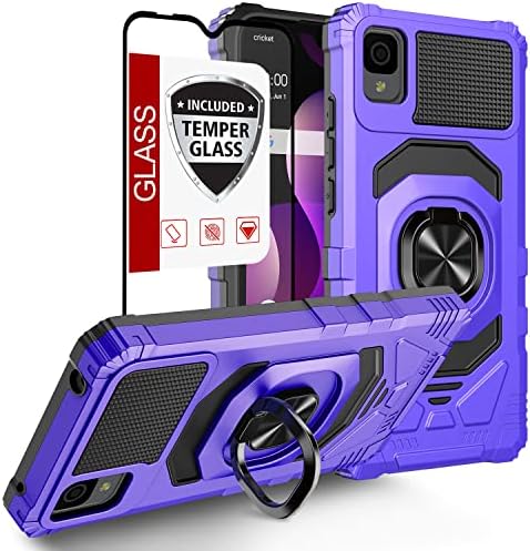 YOOBSTAR Case for Cricket Vision Plus/Cricket Emmett Case w/Tempered Glass Screen Protector(Full Coverage) Shockproof Magnetic Car Mount Ring Stand Protective Cover for Women Purple Black