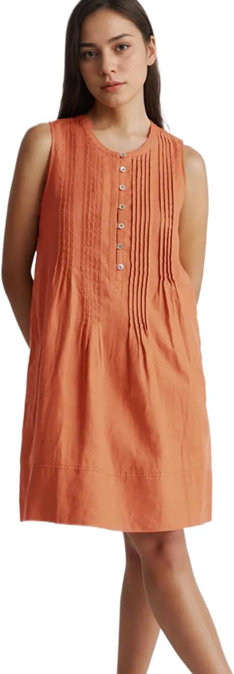 Women's Summer Linen Scoop Neck Sleeveless Swing Tank Dress Casual Front Button Dresses with Pockets(Orange,S), Small - Image 3