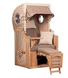Mr. Deko Strandkorb Düne Single Bullauge Teak PE Shell Dessin 534 Teak Singlestrandkorb inkl. 3 Kissen+Wechselpolster-Strandkörbe aus Teak für Balkone, Wintergarten, Terrassen