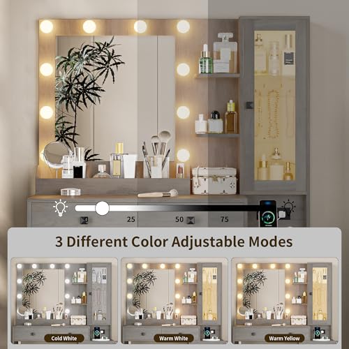 Image of Vanity Desk with Mirror and Lights, Grey Makeup Vanity with 5 Drawers Hidden Jewelry Organizer& LED Glass Cabinet,3 Light Mode and Brightness Adjusted,Vanities Mirror with Lights Desk and Chair