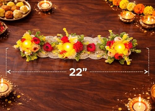 Image of Divyakosh Flower Table Runner Decoration for Dining Table with LED | Artificial Floral Centerpiece with Diya Lights | Festive Table Decor for Diwali, Wedding, Pooja & Home Decoration, 22 Inch