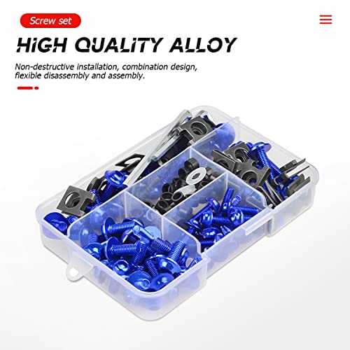 Motorcycle Fairing Bolt Kit, 177pcs M5 M6 Motorcycle Windscreen Screws, Aluminum Fasteners Fairing Bolts Nut Clips Kit, Mounting Kits Washers Nuts Screws Assortment for Sport Bikes (Blue)