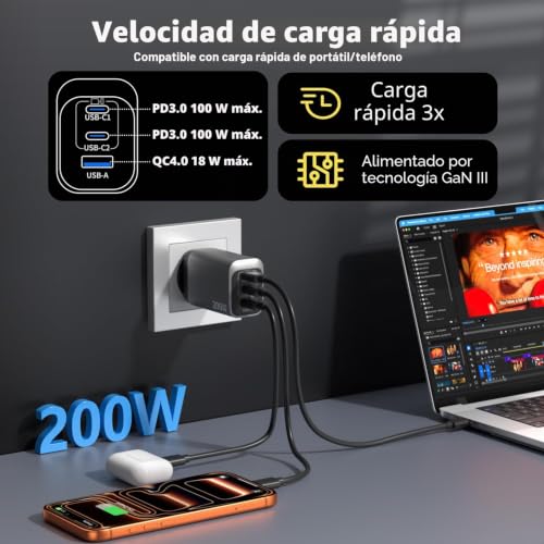 Cargador USB C 3 Puertos de 200W compatible con iPhone 17 y Galaxy S25 enchufe rápido 3