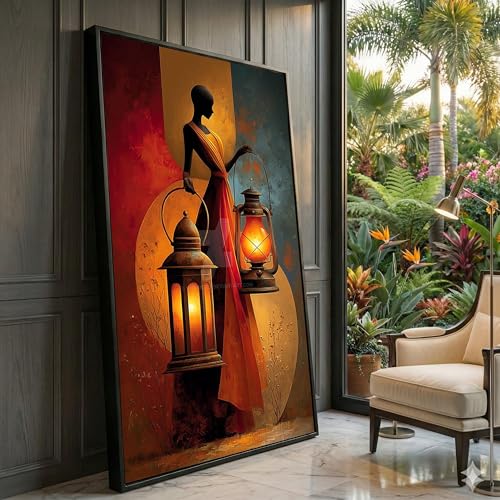Tableau sur toile africaine orange et bleue pour illuminer votre salon moderne