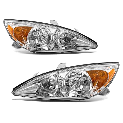 AXLAHA Headlight Assembly for 2002 2003 2004 Toyota Camry Le/Xle Sedan 4-Door Driver Hybrid Headlamp& Passenger Side(Chrome Housing with Amber Reflector)