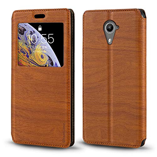 Shantime Étui Rabat Cuir Fenêtre Compatible avec Wiko U Feel Prime, Élégant Affichage Transparent, Fermeture Magnétique Cachée Porte-Carte(Marron)