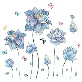Buiory Removable 3D Beautiful Blue Lotus and Butterfly Wall Stickers Murals Warm Flowers Wall Decals