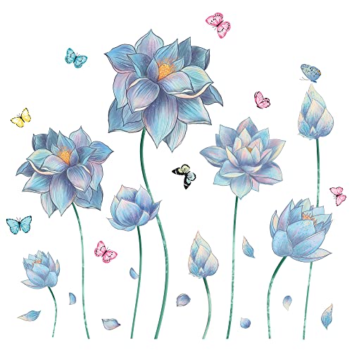 Buiory Removable 3D Beautiful Blue Lotus And Butterfly Wall Stickers Murals Warm Flowers Wall Decals Peel And Stick Floral Wall Art Decor For Kids Girls Bedroom Living Room Bathroom Playroom Decoration #TOP23