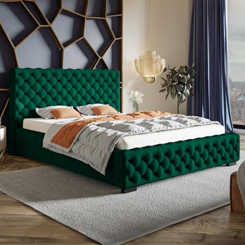 MOTIVENA Adelle Chesterfield Bett 180x200 Grün Samt, mit Stauraum, mit Kopfteil, mit Lattenrost, mit Füßen, ohne Matratze, Chesterfield Polsterbett 180x200 mit Bettkasten Grün (Dunkelgrün)