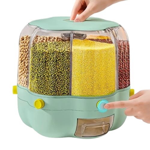 Rotatable 6-in-1 Kitchen Storage LARGE Food Storage Dispenser Container Cereal Rice Sealed Tank Grain Box with Lid Moisture Resis-ant Household (Green)