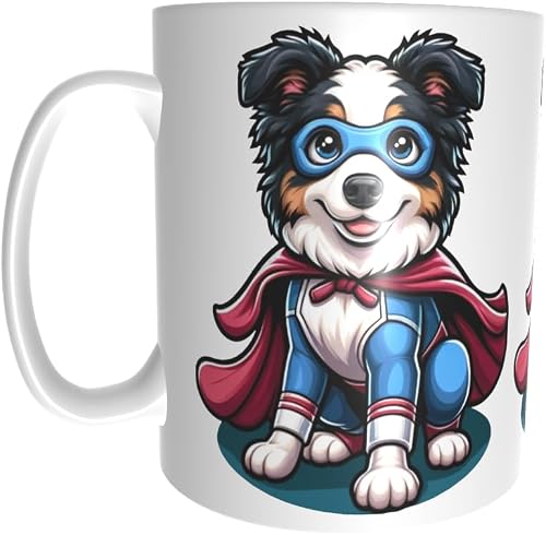 Pandok White Ceramic Mug - Cartoon - Pets : SuperHero Border Collie With Cape - Single Mug