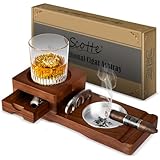 Scotte Ashtray Coaster Whiskey Glass Tray & Wooden Ash Tray with Cigar Cutter, Includes Drawer and Cigar Slot - Great for Home, Office or Outdoor Use (Deep Brown)