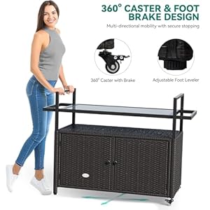 YITAHOME Large Outdoor Kitchen Wicker Island Rolling Cart & Patio Bar Table, w/Wheels and Black Glass Table Top Backyard and Poolside Dark Brown YITAHOME Large Outdoor Kitchen Wicker Island Rolling Cart Patio Bar Table wWheels and Black Glass Table Top Backyard and Poolside Dark Brown