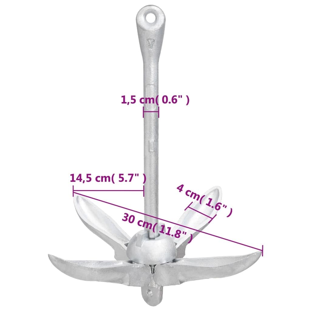 Mangloder - Anclaje plegable plateado de 1,5 kg de hierro maleable versátil con 4 puntos, plegable, para botes pequeños, kayaks, canoas, botes inflables, apto para arena, barro, suelos de hierba