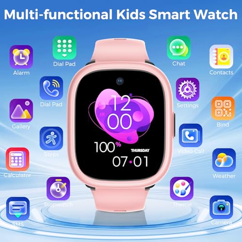 MIRO Kids Smart Watch with SIM Card Slot, GPS Tracker, Call & Video Call, Real-Time Location, Safe Zone Alert, Parental Control, School Mode, Gift for Boys Girls Age 3-15 (Pink)
