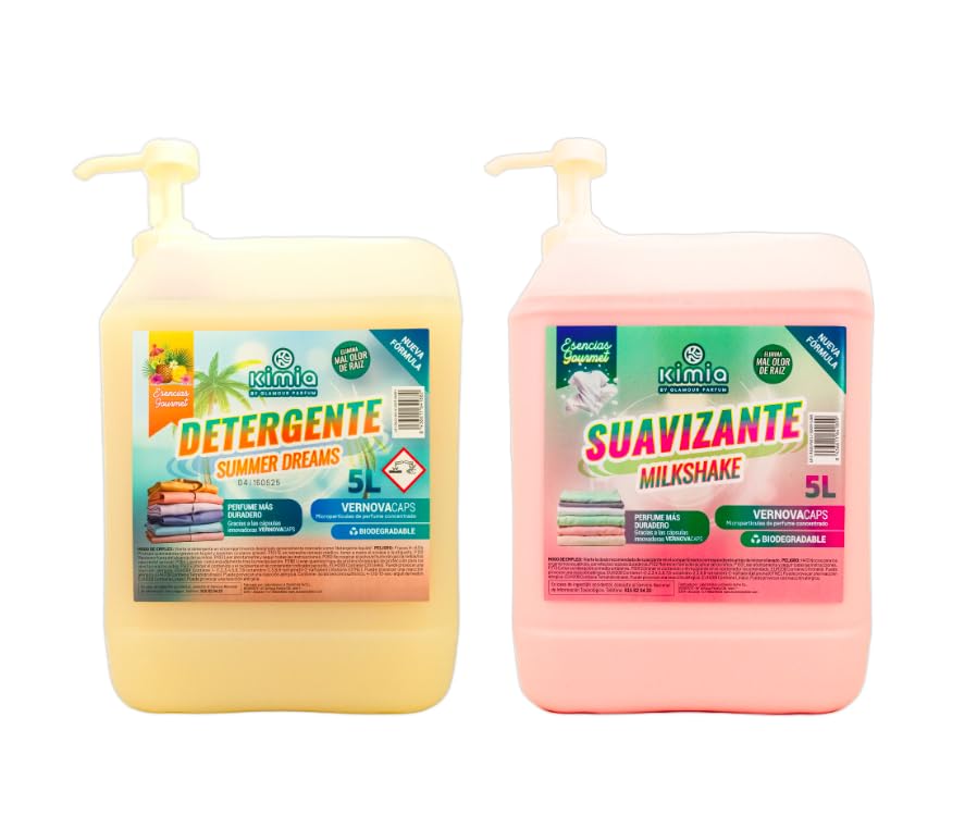 KIMIA - Pack Detergente Concentrado Summer Dreams + Suavizante Concentrado Milkshake 5L con Bomba | Limpieza Profunda | Fragancia Veraniega y Duradera | Protege Color de la Ropa | Suavidad y Frescor