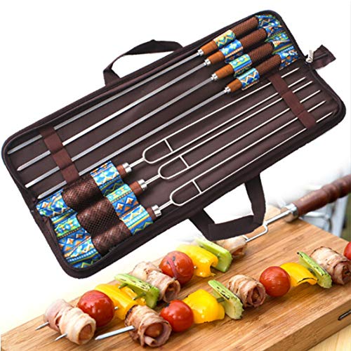 Qiuge Acero Inoxidable de Picnic al Aire Libre Barbacoa Hornear Aguja de la Barbacoa Tenedor en Forma de U Handle Set de 7 Piezas de Madera del Medio Ambiente QiuGe