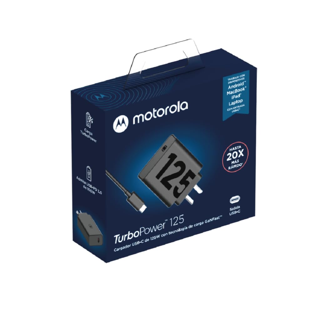 Motorola Ładowarka Turbo Power 125 W, uniwersalna ładowarka USB typu C, kabel w zestawie, oryginalna ładowarka Motorola Charger, matowa czerń