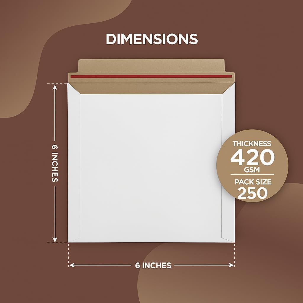 250 Pack 6x6 Inch Rigid Mailers – 420 GSM Self Seal Stay Flat Cardboard Envelopes for CDs, DVDs, Photos, Documents – Tear Strip, Do Not Bend Labels – Square Card Mailers & Shipping Envelopes (White)