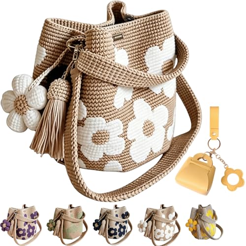 Handmade Crochet Flower Tote HandgehäKelte Blumentasche HäKeltasche FüR Damen Handbags Gestrickte Handtasche Mit Blumenmuster & QuastenanhäNger 3d BlüTen Quasten Akzente (# 01 Without Charm)