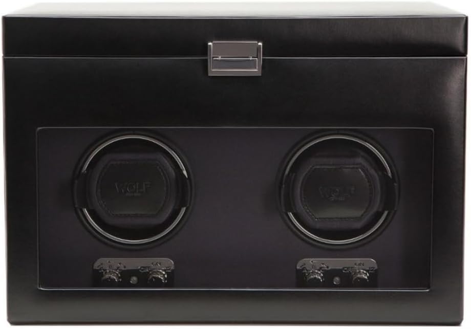 Wolf Heritage Double Winder with Storage, Black - Secure Fit with Patented Lock-in Dynamic Cuff - for Bigger, Heavier Watches - Vegan Leather & Glass Cover - Includes Universal Adapter