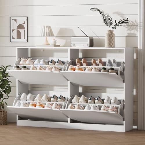 Image of Xixini Shoe Storage Cabinet for Entryway with 4 Flip Drawers, Sturdy Wood Hidden Shoe Storage, Freestanding Narrow Slim Shoe Organizer for Front Door Entrance, Living Room, Hallway, Bedroom, White