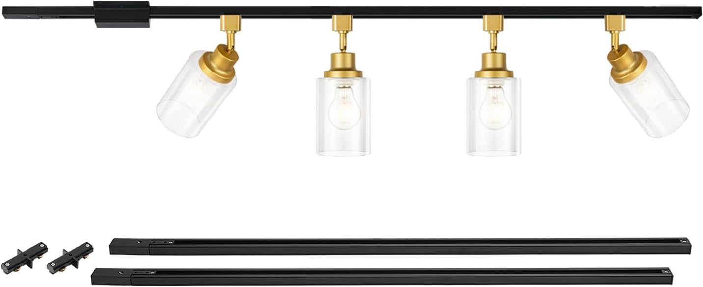 VANoopee 6.6FT Track Rails Included, H Type Track Lighting Heads E26 Track Light Ceiling Modern for Kitchen, 4-Lights, No Bulbs, Gold