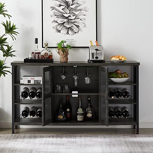 realglow Storage Cabinet with Wine Rack, Sideboard Buffet Cabinet, Kitchen Cabinet with Storge, Coffee Bar Cabinet for Living Room Dining Room Hallway (Black Wood Grain)