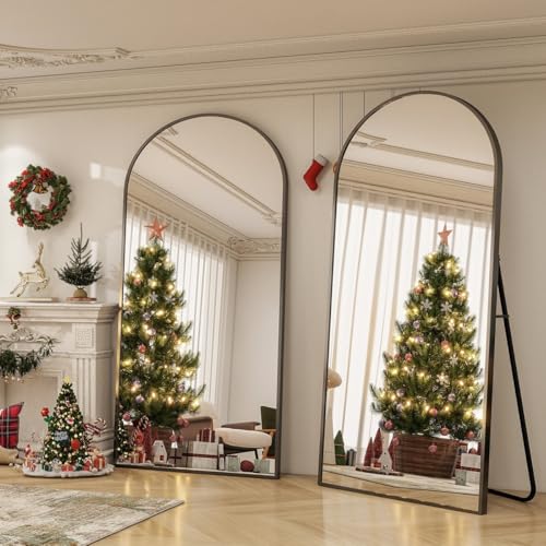 Image of Arch Top Full-Length Mirror | Floor Standing or Wall Mounted | Minimalist Design in Gold, Black & Silver | Oversized Mirror for Bedroom & Entryway (Black, 170x70 cm)